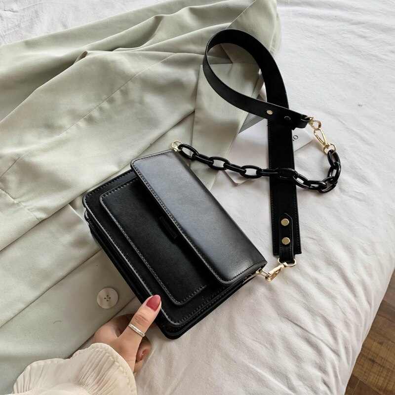 Chain Mini PU Leather Flap Bags For Women Summer Lady Shoulder Handbag Female Cross Body Bag: Black