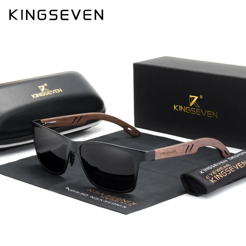 KINGSEVEN Aluminium Handgemachte Walnuss Holz Sonnenbrille Männer Polarisierte Sonnenbrille Für Frauen Anti-Blendung Spiegel Objektiv: Schwarz