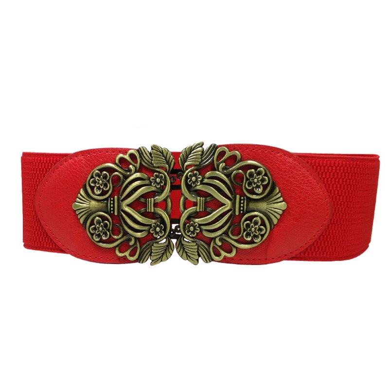 21 types Women Elastic Wide Belt Thick Vintage Totem Print Stretch Leather Waist Belt For Dress Corset Cinch Waistband Z30: Red Bronze