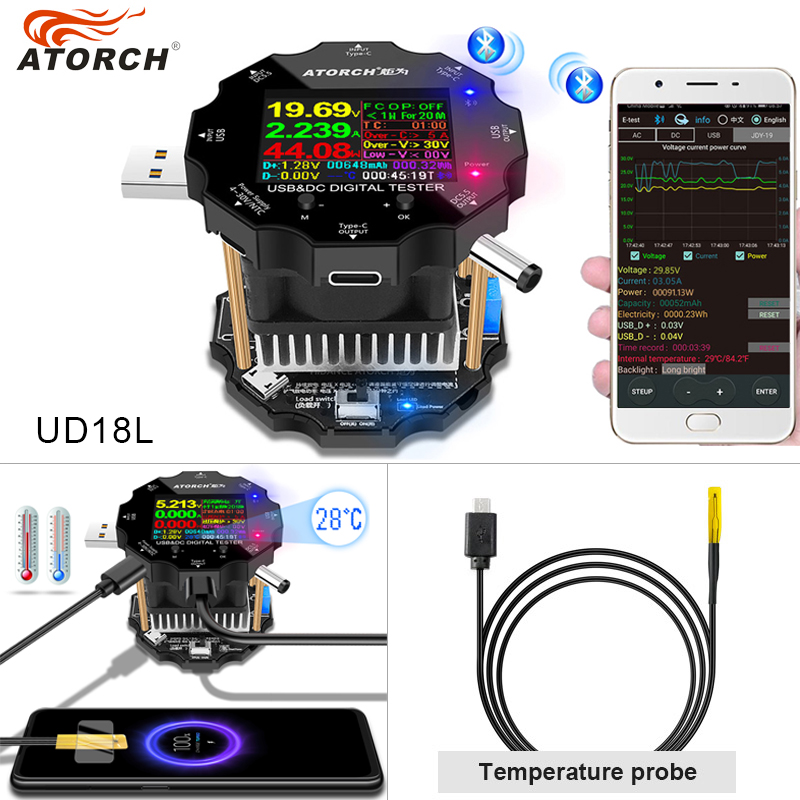 Farve app batteri tester elektronisk belastning 18650 kapacitet monitor indikator afladning opladning usb meter  dc 12v strømforsyning checker: Tilføj ntc