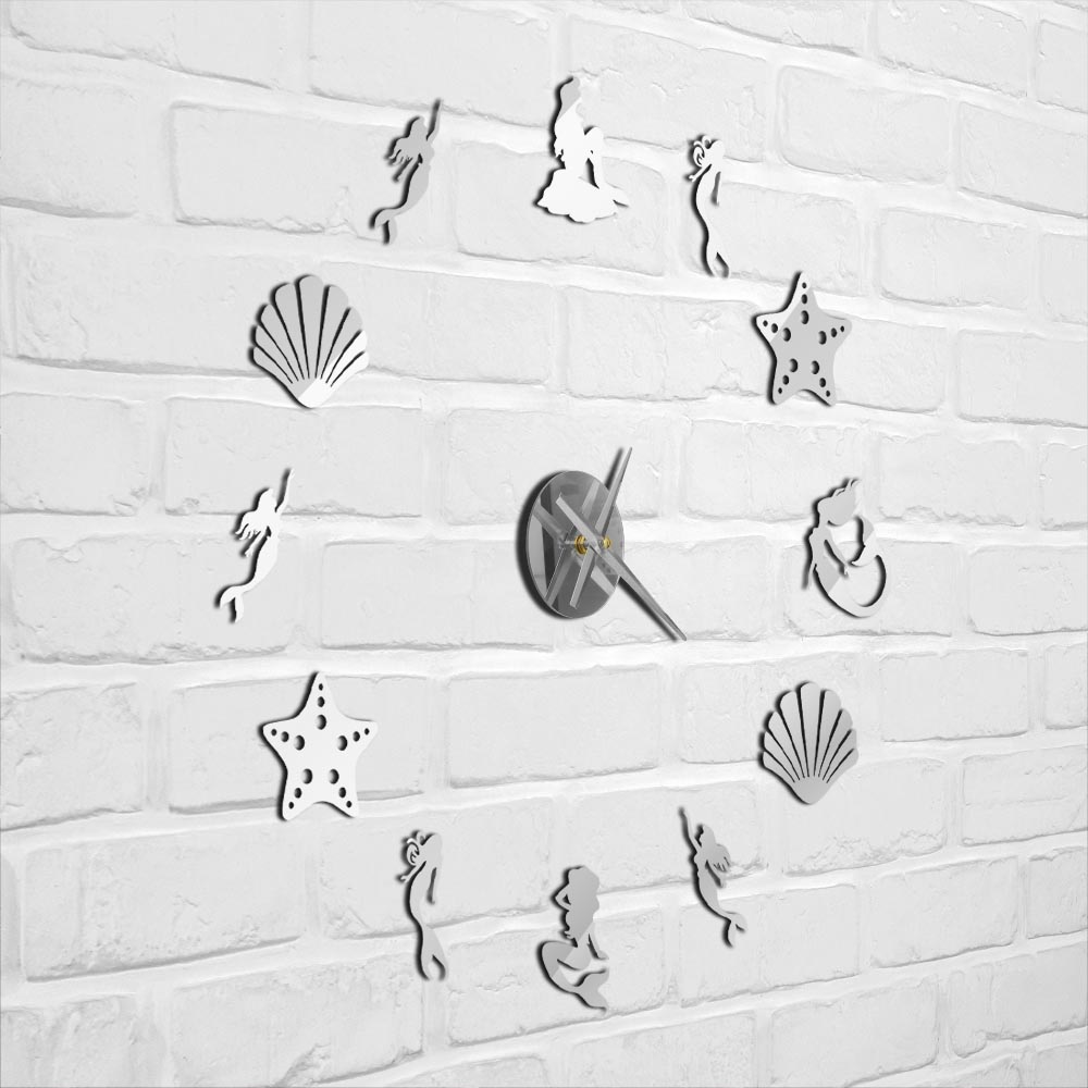 Fairytale Mermaid DIY Big Wall Clock Mermaid Watch Under The Sea Shell Starfish Wall Clock 3D Mirror Effect Wall Sticker