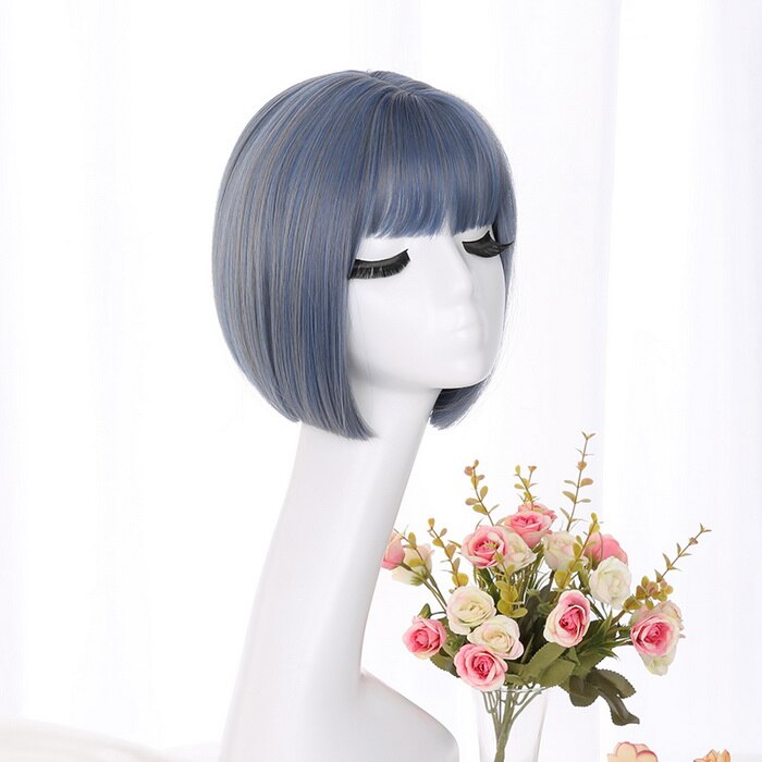 Peluca recta con corte Bob estilo coreano Yiyaobess, con flequillo, pelo sintético Natural, pelucas para mujer cortas de color marrón, negro, lino, gris, azul y Rubio: grey blue highlights