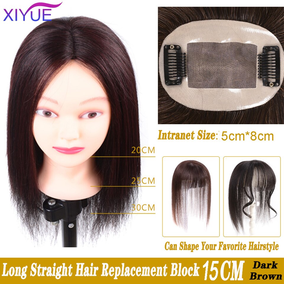 XIYUE Center frange haut cheveux pièces avec frange fait à la main demi-tête perruque droite naturel Invisible remplacement synthétique cheveux pièce: BF26-15-2-33