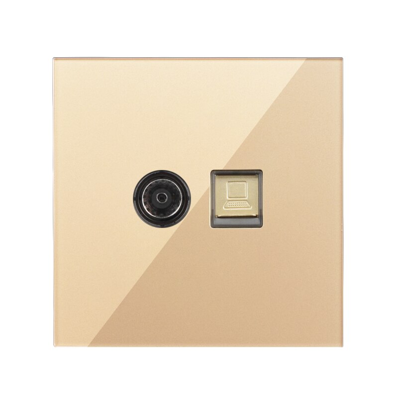 Double Socket Internet Socket Phone RJ45 Network Port Data TV Wall Socket PC Data Female Socket Luxury Gold Crystal Glass Panel: 1TV1Computer