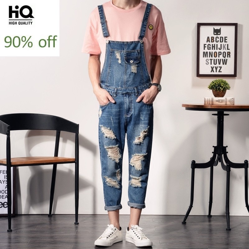 Mens Plus Size S-6XL Bib Overalls Ankle Length Denim Overalls Men Ripped Jeans Male Denim Jumpsuit Trousers