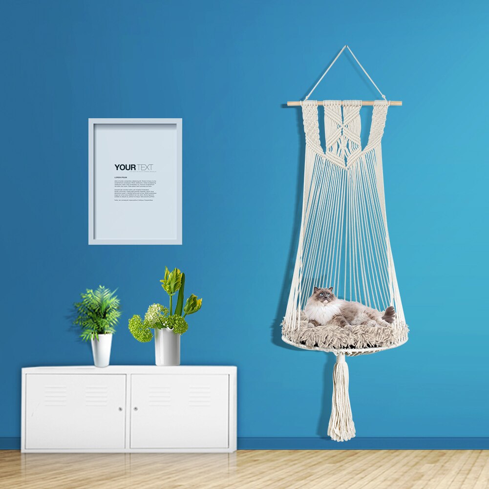 Hamac pour chat, panier suspendu tissé à la main avec tapis en macramé, lit-balançoire, maison pour animaux de compagnie, bohème, maison pour animaux de compagnie