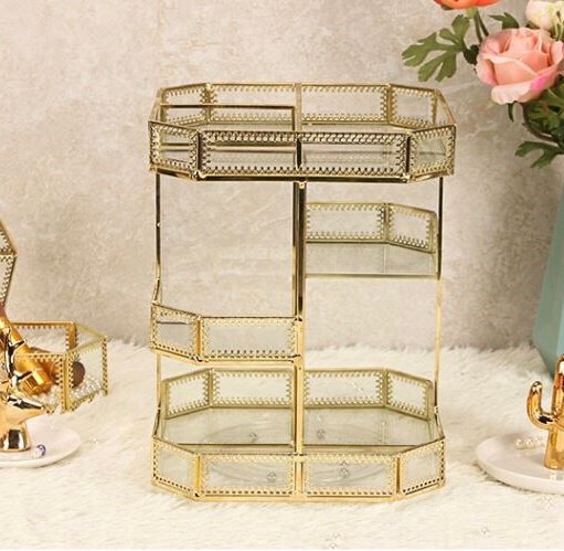 Antique Spacious Mirror Glass Cosmetic Storage Cube Set with 3 Tier Dustproof Drawers Vanity Tray/Gold Metal Makeup Storage