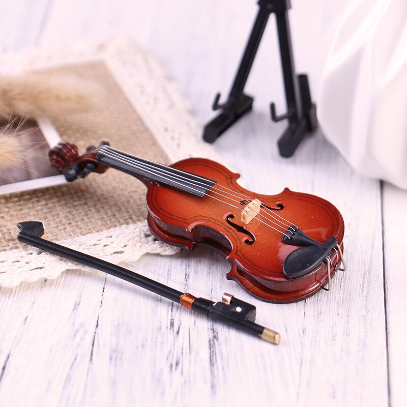 Mini Miniature Violin Model with Support Wooden Musical Instruments Collection Decorative Model