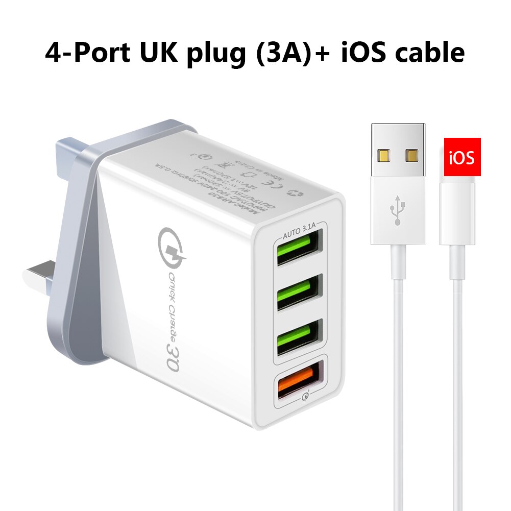 5V 2.4/3A Uk Plug 1/4 Usb-poort Adapter Mobiele Telefoon Lader Apparaat Quick Lading Qc 3.0 mobiele Telefoon Oplader Fast Charger: 4 usb lighting