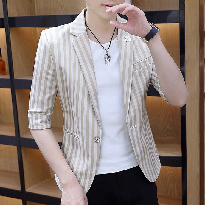 Summer Blazer Masculino Short Sleeve Striped Men Blazers Wedding Business Casual Suit Jacket Streetwear Social Men Clothing
