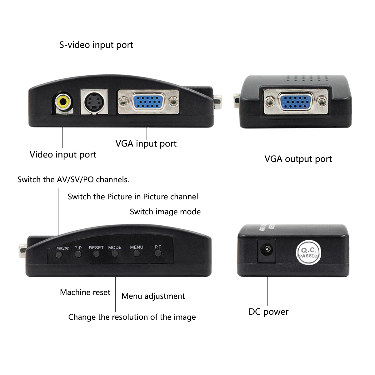 S-video AV/RCA/CVBS Compatible to VGA Video Converter for VCD/DVD/Webcam/set-top box PC HDTV