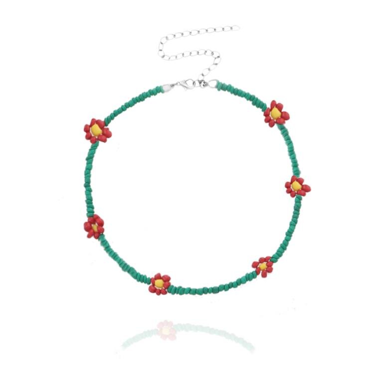 Collier ras du cou court pour femmes, jolie chaîne de perles colorées avec des fleurs de marguerite, bijoux de , coréenne: green red