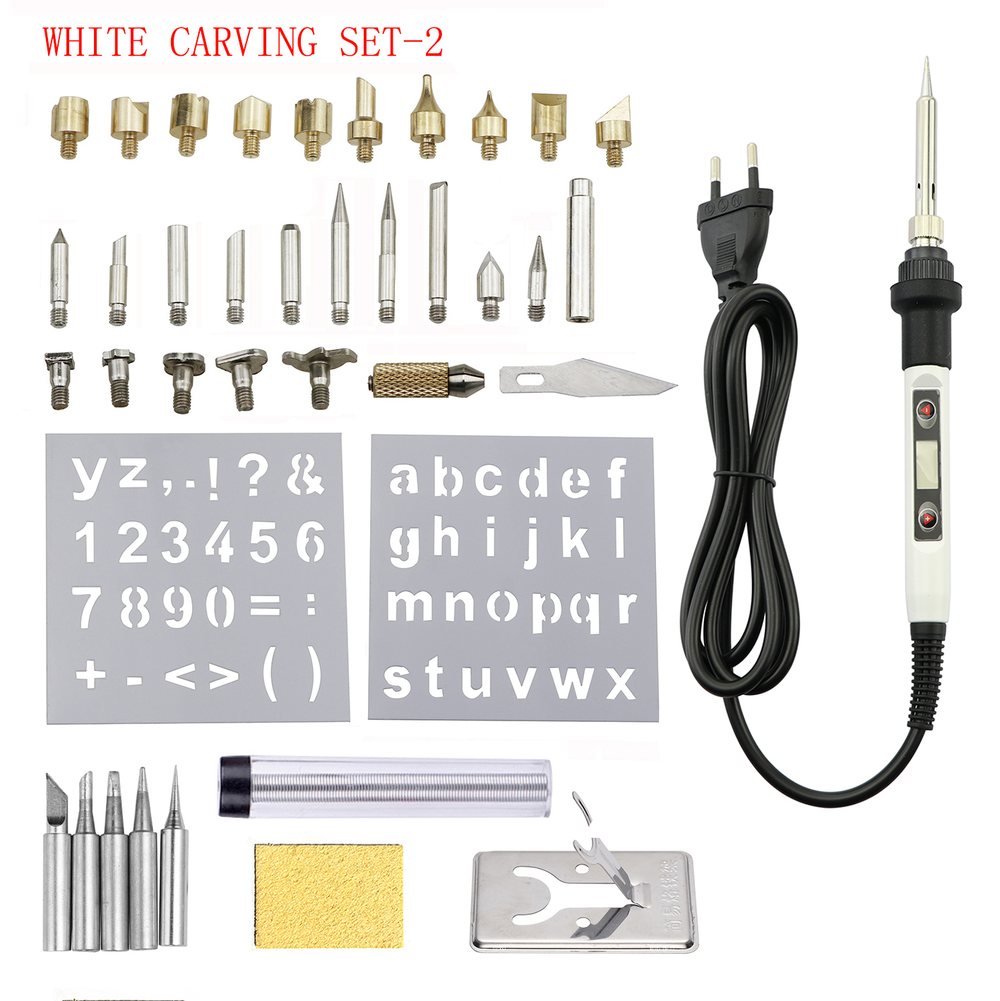 60W 80W Wood Burning Carving Pyrography Pen Kit Adjustable Temperature Soldering Iron Welding Wood Embossing Burning Repair Set: 110V US Plug / 80W White set-2