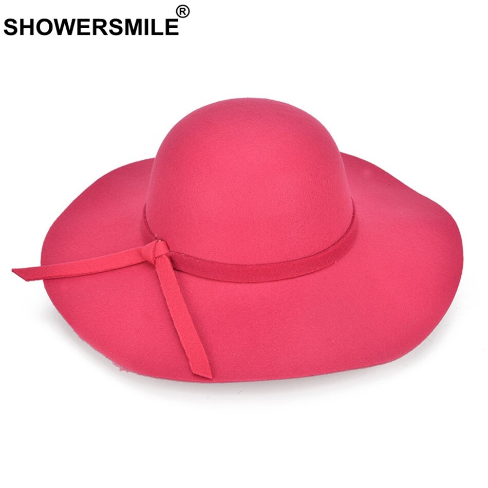 SHOWERSMILE Red Hats For Women Tweed Fedoras Hat Female Large Brim Caps Ladies Bowler Bowknot Autumn Felt Hat Brand: rose red hat