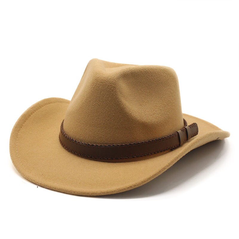 Women's Men's Winter Wool Western Cowboy Hat With Belt Cowgirl Jazz Toca Sombrero Cap Godfather Cap: Camel