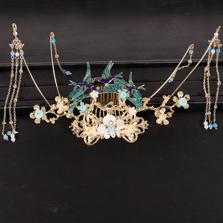 Sposa cinese accessori per capelli blu Costume copricapo Phoenix corona nappa orecchini gioielli Set gioielli per le donne
