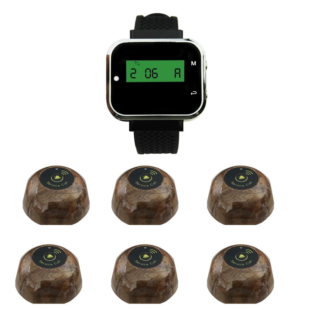 JINGLE BELLS wireless calling systems 6 call button+1 watch pager for restaurants/waiter call button hotel waiter calling system: wood grain
