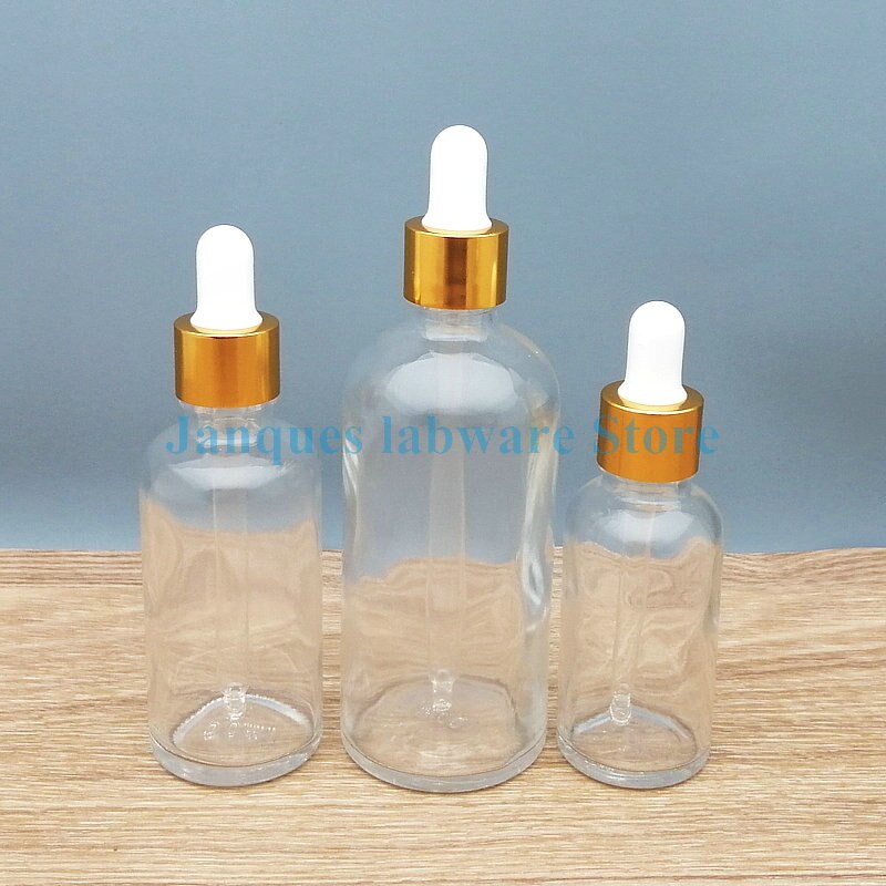 10pcs 5ml to 100ml clear Glass Dropper Bottle golden Screw cap Essential oil vials with pipette Refillable Bottles
