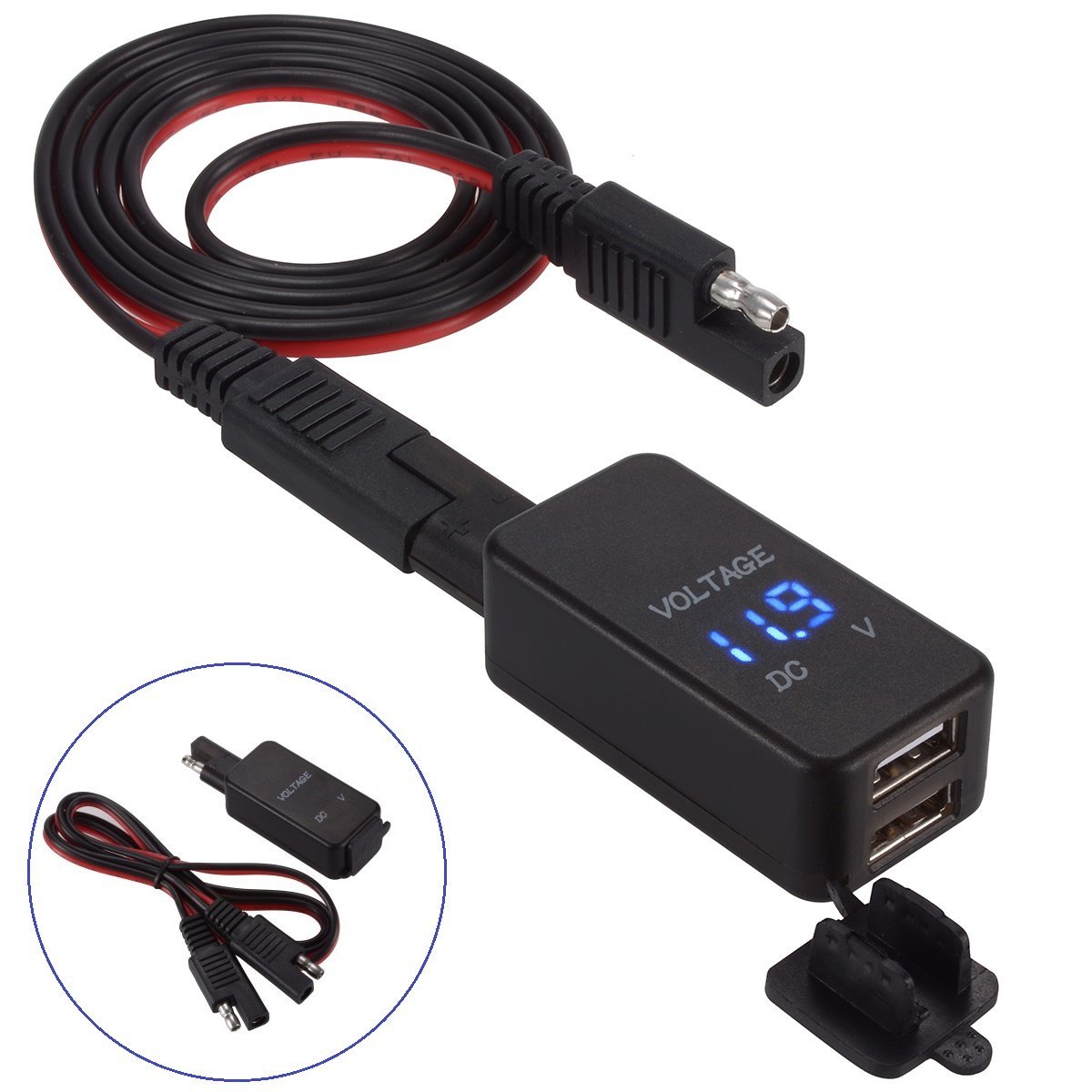 SAE Zu USB Adapter mit Voltmeter Motorrad Schnell Trennen Stecker mit Wasserdicht Dual USB Ladegerät für Smartphone Tablette GPS