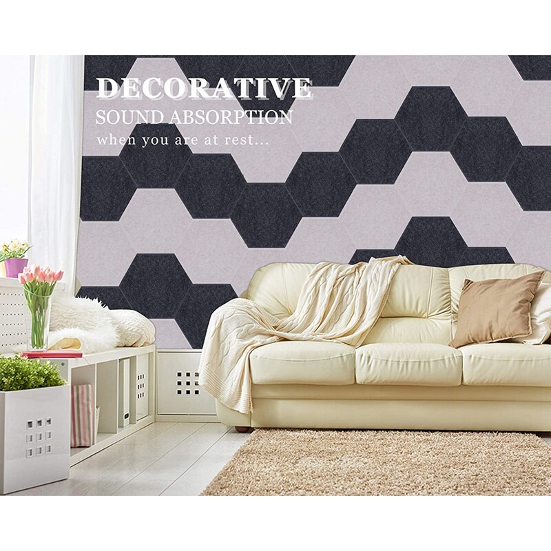 Hexagon Acoustic Panels Art Decor Sound Proof Padding Wall Tiles, Beveled Edge, 12inch x 14inch x 0.4inch, 6 Pack