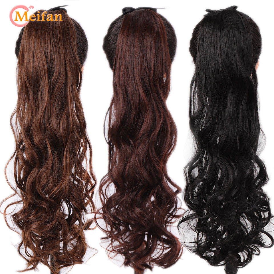 MEIFAN-coletero largo ondulado rizado, extensión de cabello con cordón, postizo sintético Natural con horquillas