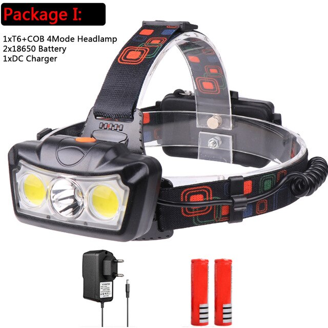 LED Koplamp T6 + COB LED Koplamp Koplamp Zaklamp Fakkel Lantaarn hoofd licht Gebruik 18650 batterij voor Camping: packet I