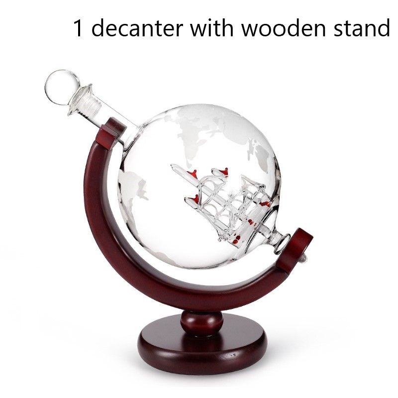 Decantador de whisky globo aireador de vino, conjunto de cristal de calavera de velero dentro de cristal con soporte de madera fina, decantador de licor para taza de Vodka: 1 decanter