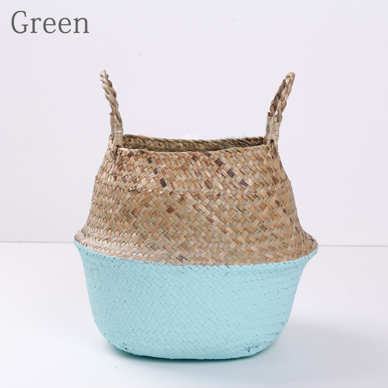 Foldable Basket Weaved Storage Baskets with Handle Laundry Toys Sundries Organizer Rattan Flower Pots Container Storage Supplies: S / Blue