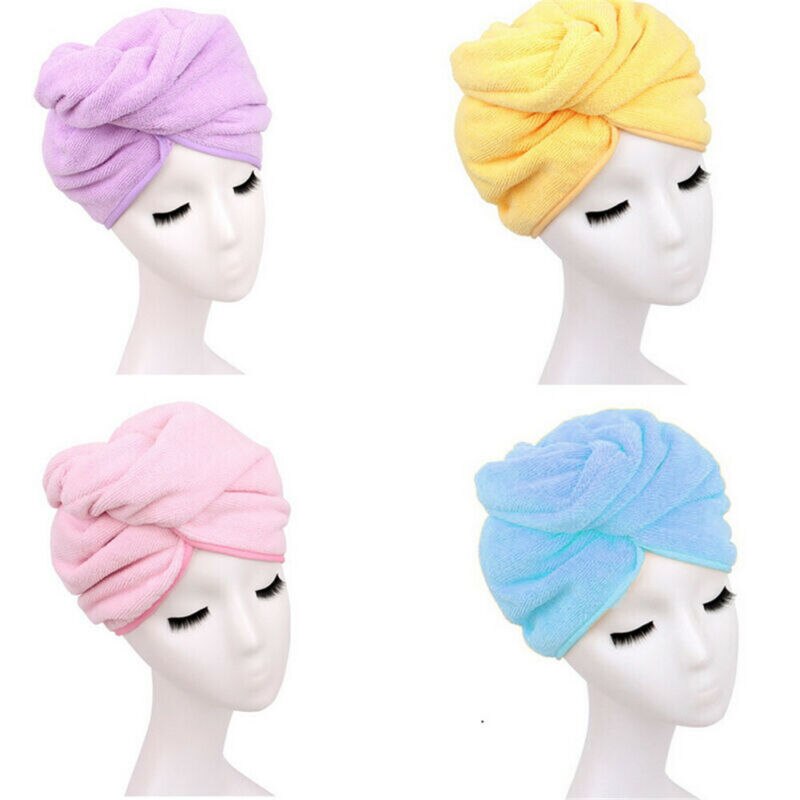Newest Turbie Quick Drying Hair Towel Twist Wrap Loop Button Hat Cap Turban Solid Shower Bath Caps