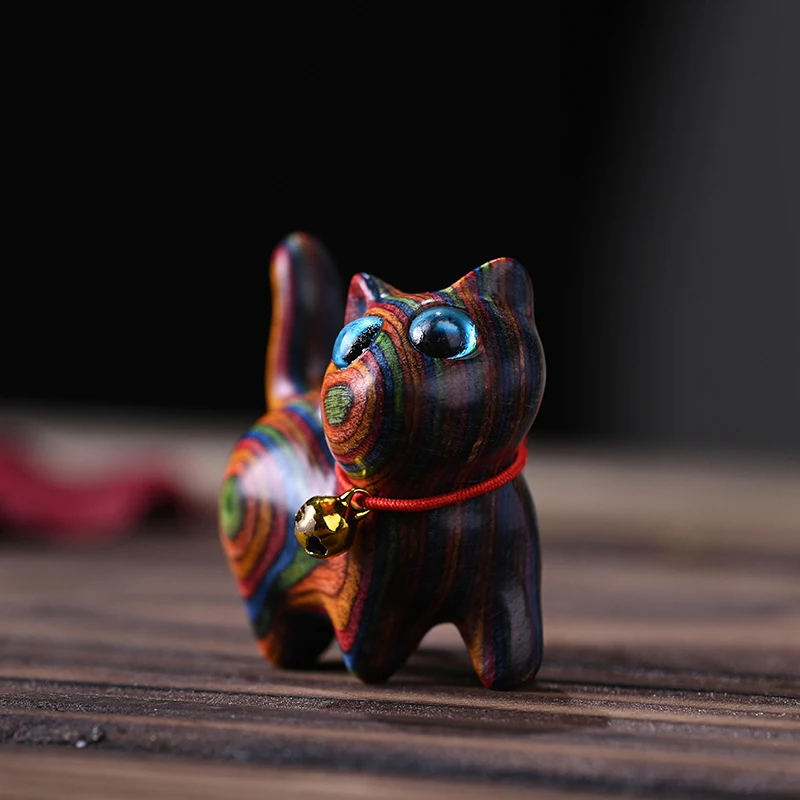 Adornos de madera de colores para gatos, accesorios de escritorio para oficina, esculturas de madera de arcoíris, esculturas de gatos, decoración del hogar, , recuerdos