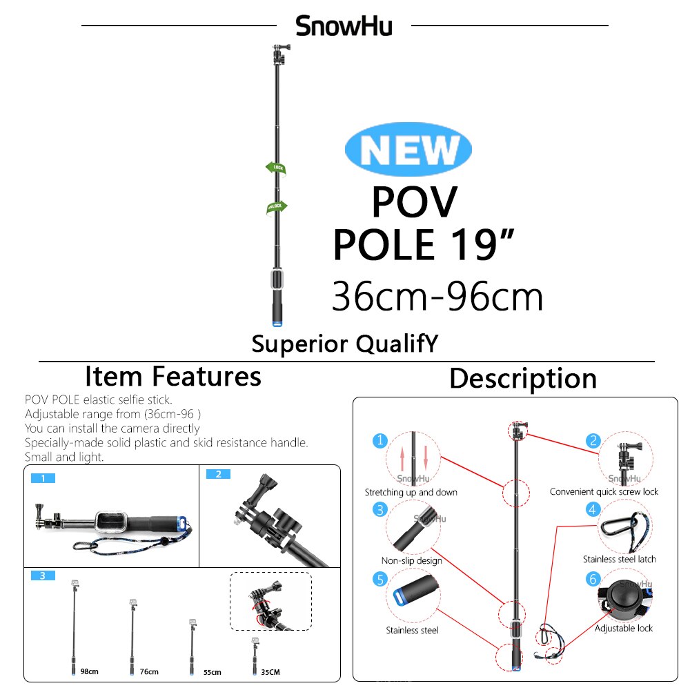 Snowhu action kamera selfie stick vandtæt 3- vejs greb stativ teleskopisk udtrækbar stang håndholdt kamera stativ selfie stick