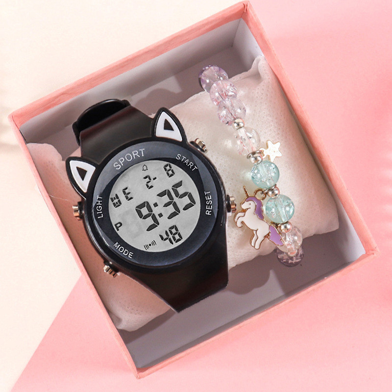 【Reloj + pulsera】Conjunto de pulsera electrónica de unicornio deportivo multifuncional de silicona con oreja de gato para niños: Amarillo claro