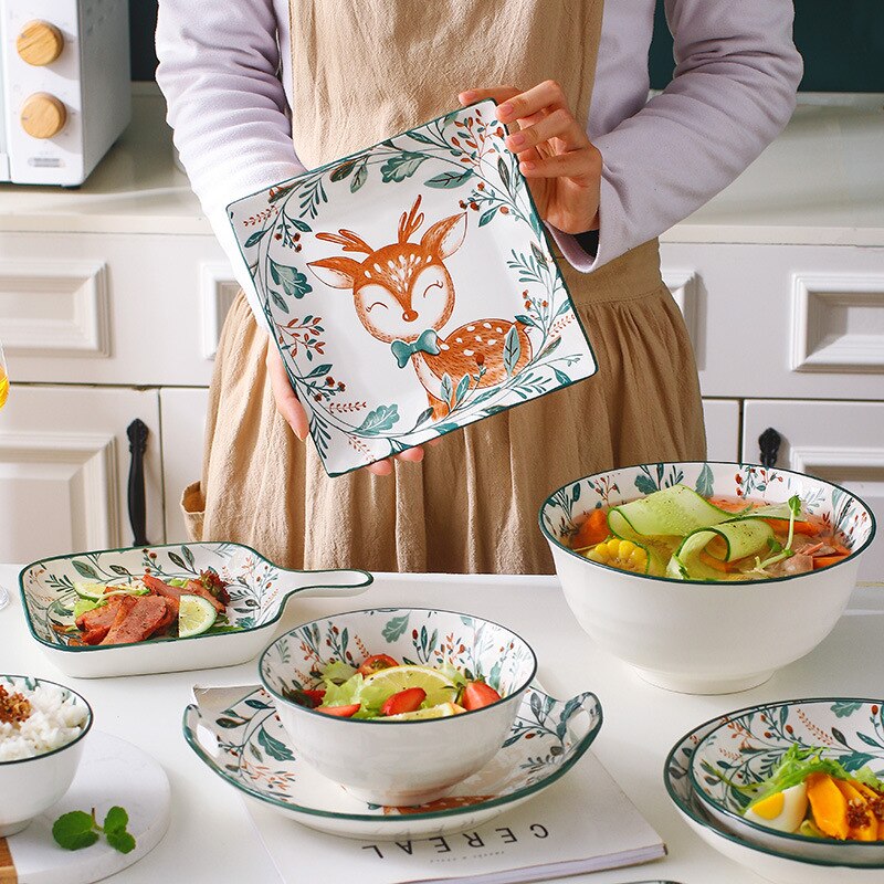 Cartoon Ceramic Kids Plate Set Dinning Food Deer Restaurant Nordic Plates Dinner Serving Platos De Cena Home Tableware DL60PZ