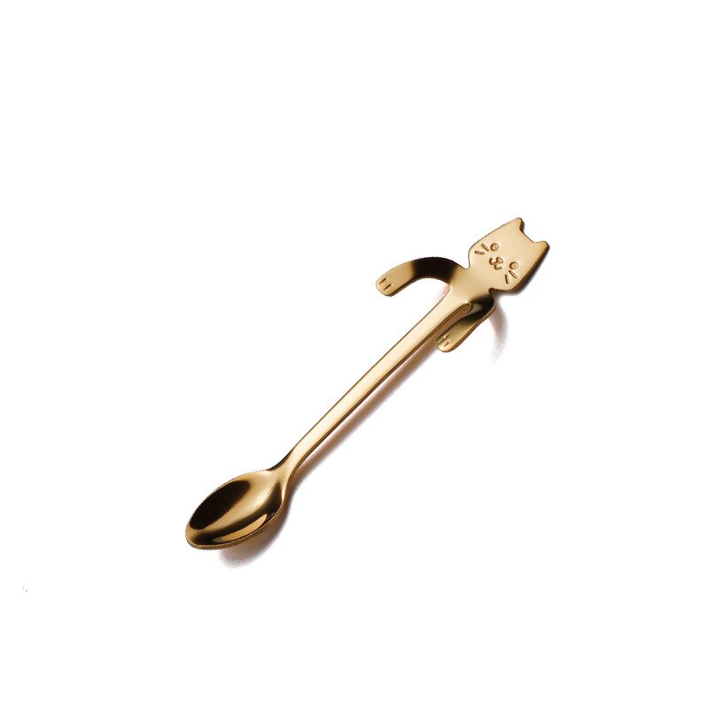 Mini colher de café 304 aço inoxidável, desenho animado, gato, colher, cabo longo, ferramenta para beber café, utensílios de cozinha, venda imperdível: Gold