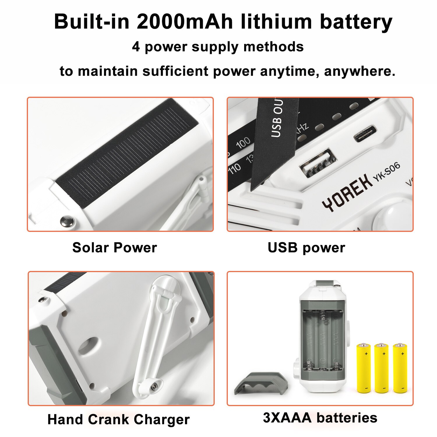 Emergency AM/ FM /NOAA Radio, Hand Crank Battery Operated Solar Radio with LED Flashlight, Desk Lamp,2000mAh Charger,SOS Alert