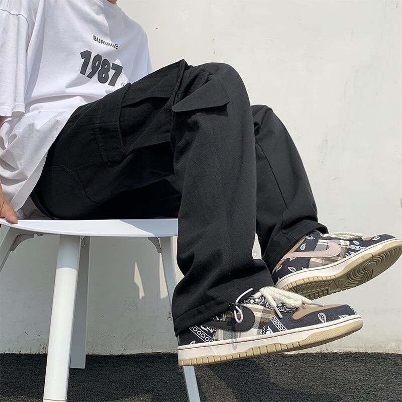 Pantalon Cargo en coton blanc et noir pour homme, multi-poches, décontracté, Streetwear, ample, Hip-hop, droit
