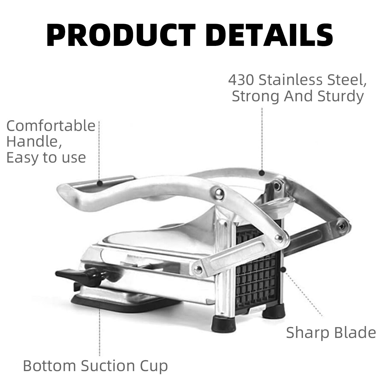 Stainless Steel French Fry Cutter,Vegetable and Potato Slicer,with 2 Blade Size Cutter Option,Safe Slice Meal Pre Easy Install
