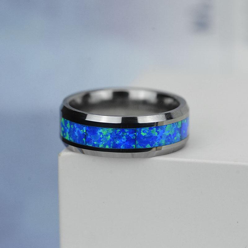 I & FDLK Luxury Blue Fire Opal Stainless Steel Rings Never Fade Engagement Ring Men's Wedding Jewelry