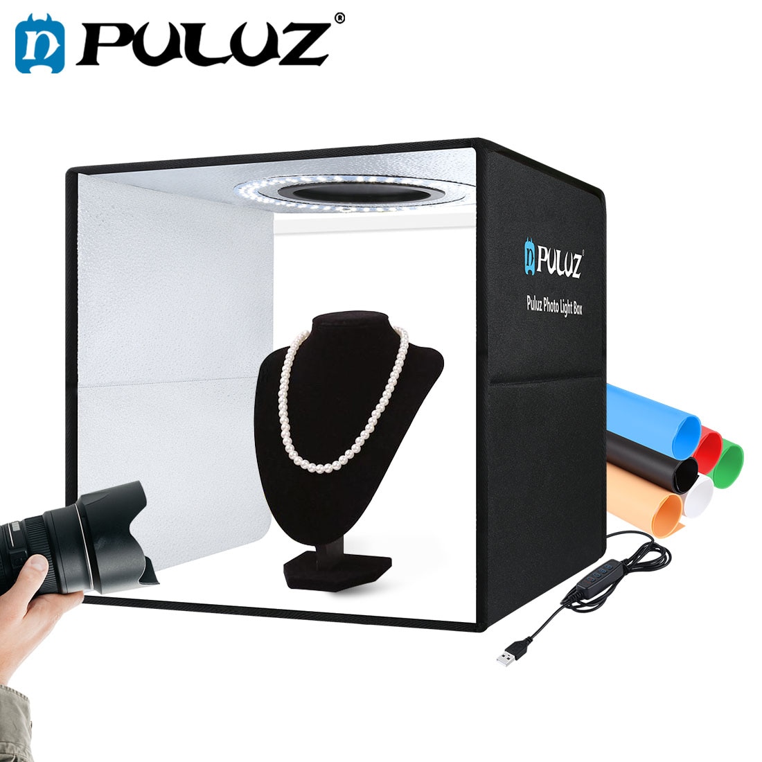 Puluz Fotostudio Lightbox Draagbare Fotografie Verlichting Doos Ring Led Softbox Schieten Tent Box Kit 6 Kleuren Achtergronden Photobox Fotografie Studio Lightbox 6 Kleur Achtergronden Softbox Fotostudio Box Kit Fotost