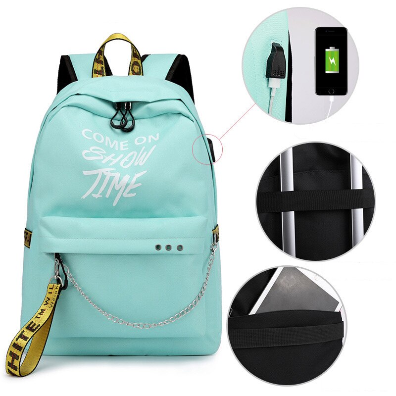 Lichtgevende Usb Vrouwen Rugzak Letters Print Schooltassen Tiener Meisjes Linten Canvas Computer Rugzak Mochila Sac A Dos: Green