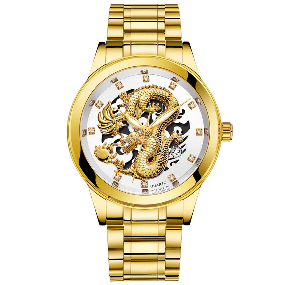 Waterdicht Heren Gouden Draak Sculptuur Quartz Horloge Luxe Mannen Steel Horloge Klok Mujer Vrouwen Horloges