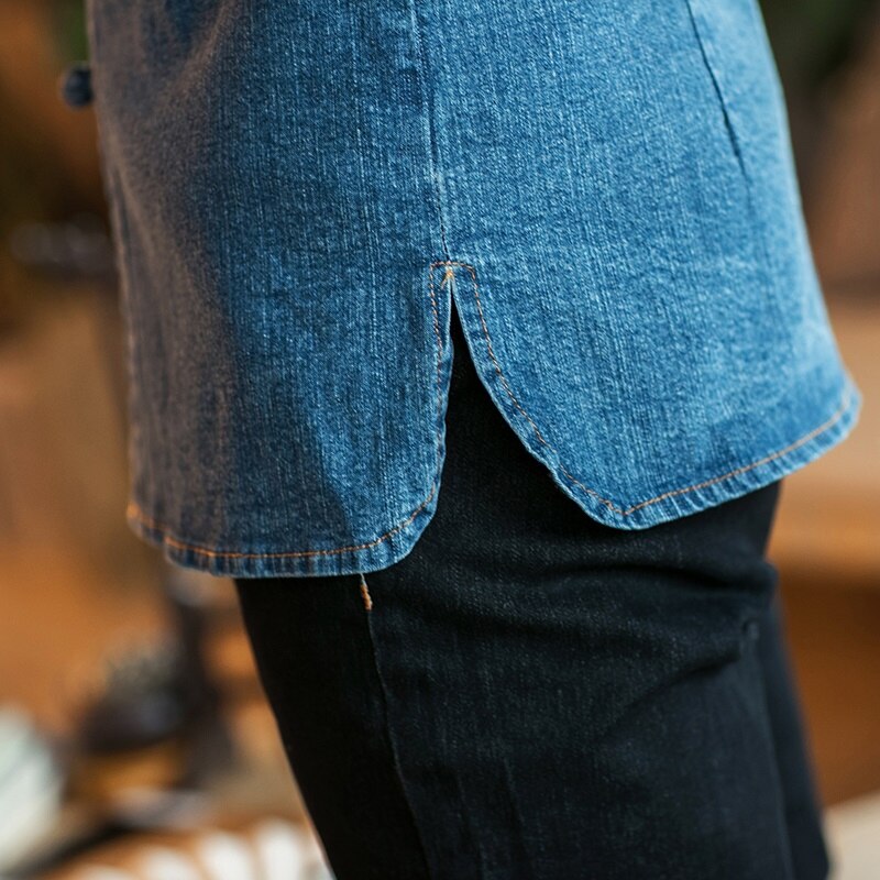 Denim Shirt Mens Tunic Chinese Collar Shirts For Men Jacket Long Sleeve Jeans Mens Shirts Regular Fit Denim Male KK2979