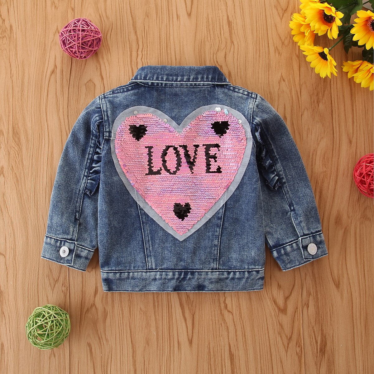 Chaqueta vaquera de manga larga para niños, abrigo con cuentas, decoración de lentejuelas en forma de corazón, de 1 a 5 años, a la , para otoño