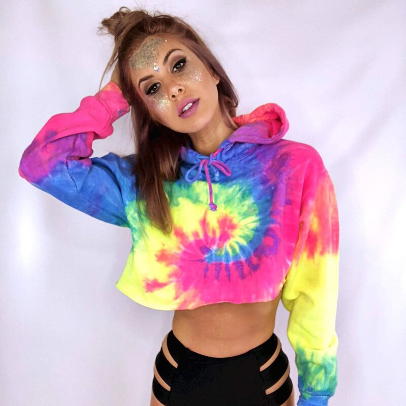 Sudaderas con capucha deportivas Tie Dye para mujer, Top corto de manga larga, sudaderas con capucha para gimnasio, gimnasia, entrenamiento, sudaderas de ejercicio