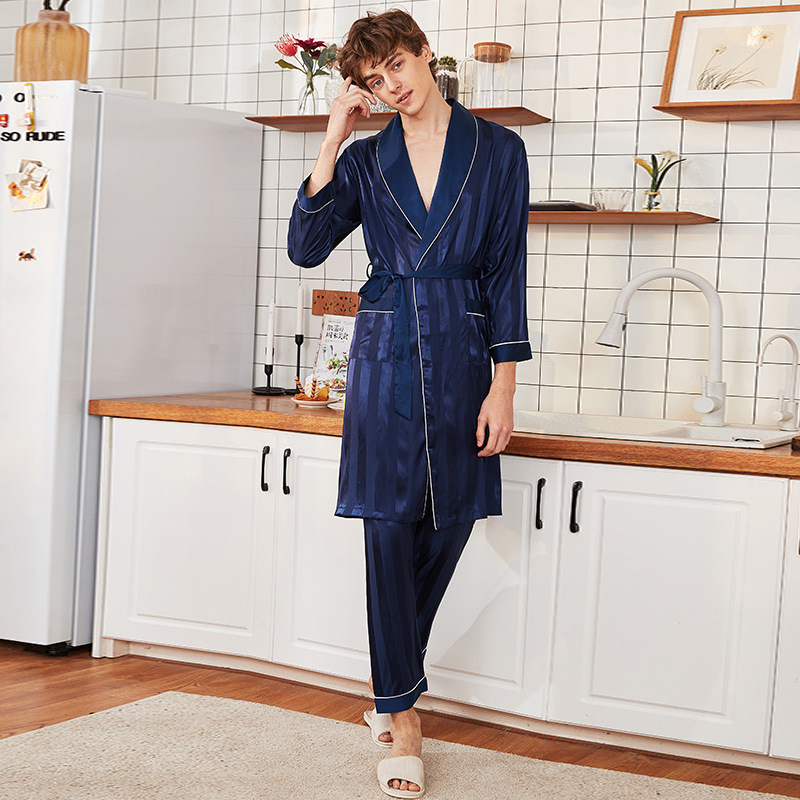 Two-Pieces Nightgown Satin male Sleepwear Loose Dress Silky Long Sleeve Robe and Long Pants bathrobe set for Men: NavyBlue / XL