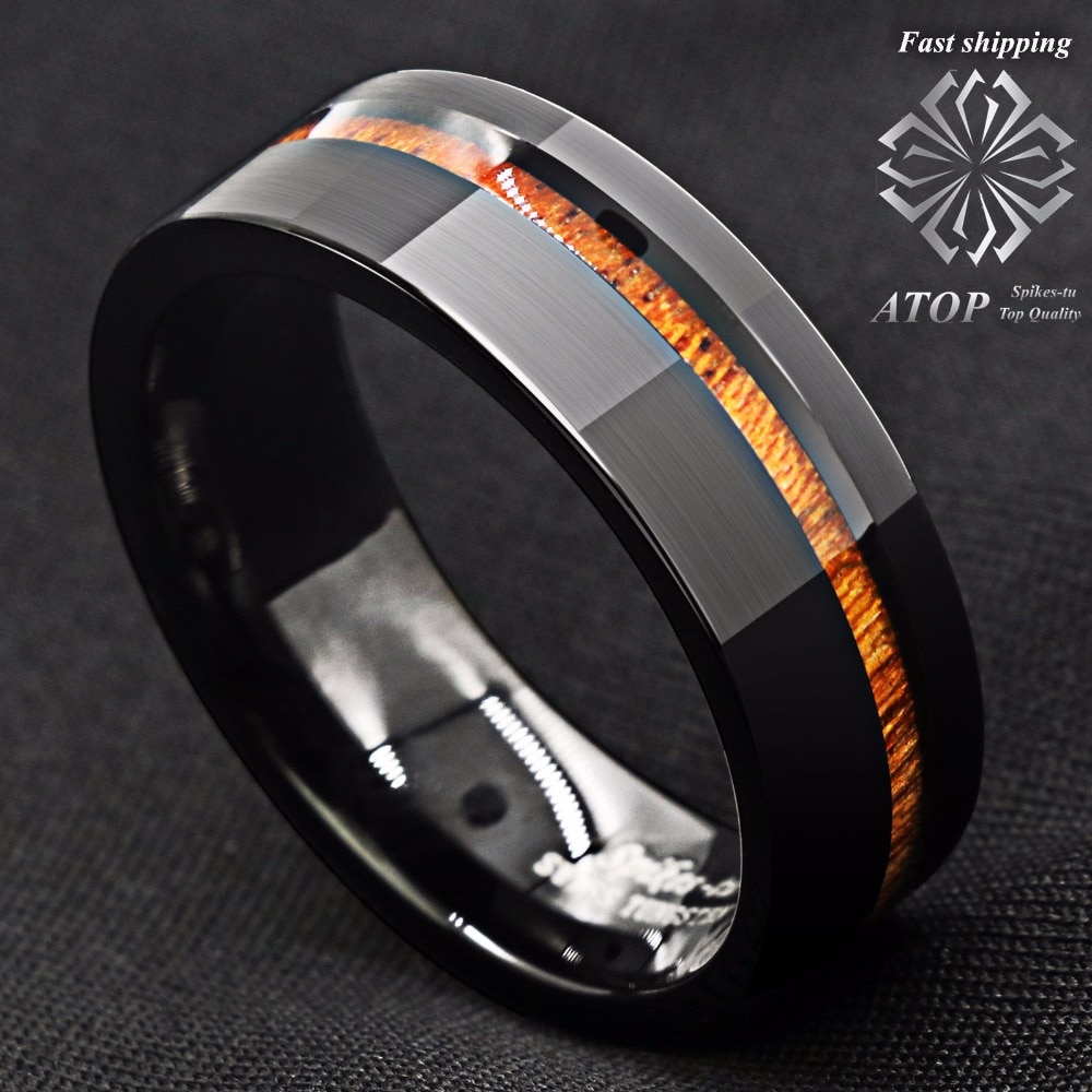 Anneau de mariage en bois Koa noir brossé en carbure de tungstène de 8mm