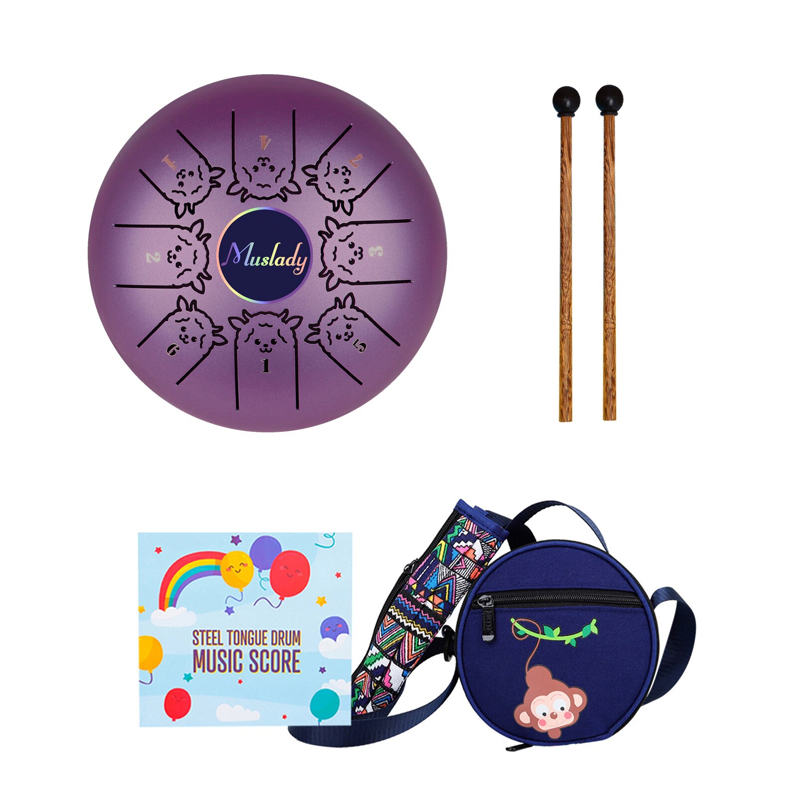 Muslady 5.5 Inches Mini Steel Tongue Drum 8 Notes C Key Handpan Drum Chinese Zodiac Patterned Tank Drum Percussion Instruments