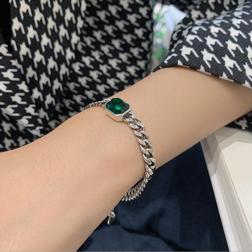 925 Sterling Silver Ins Retro Geometric Green Crystal Bracelet For Women Couple Trendy Birthday Party fine Jewelry