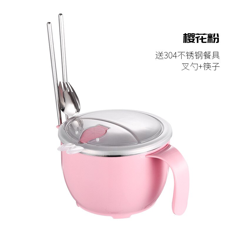 304 Rvs Instant Noodle Kom Studenten Slaapzaal Draagbare Container Japanse Stijl Grote Volume Met Eetstokjes Lepel: 304 plus Spoon Chopsticks Instant Noodle Bowl  Pink 