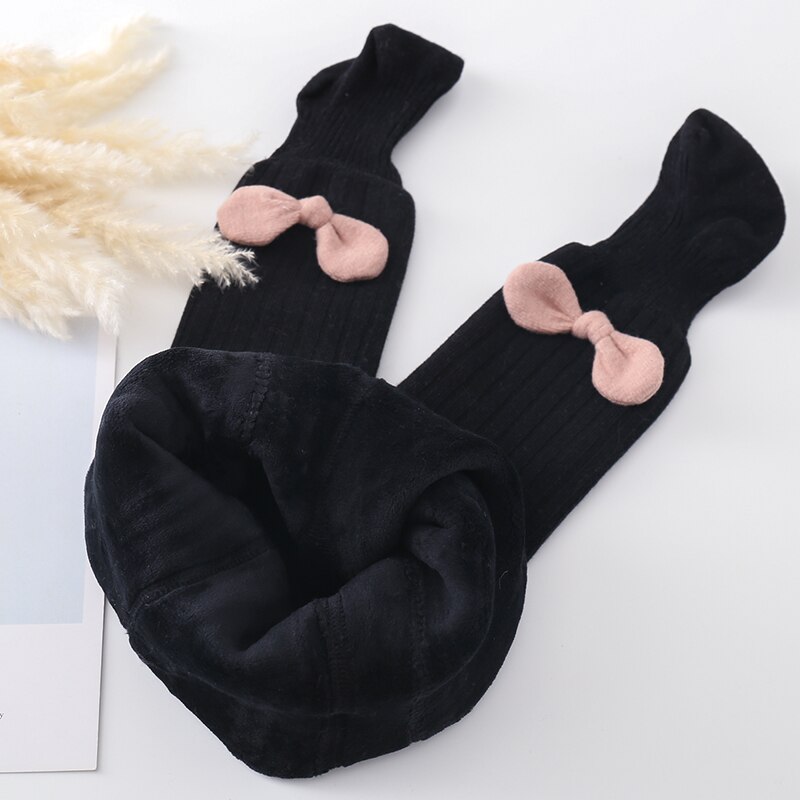 Criança do bebê meninas meia algodão velo-forrado engrossado arco dos desenhos animados decoração meia-calça inverno toddlers collants quentes leggings